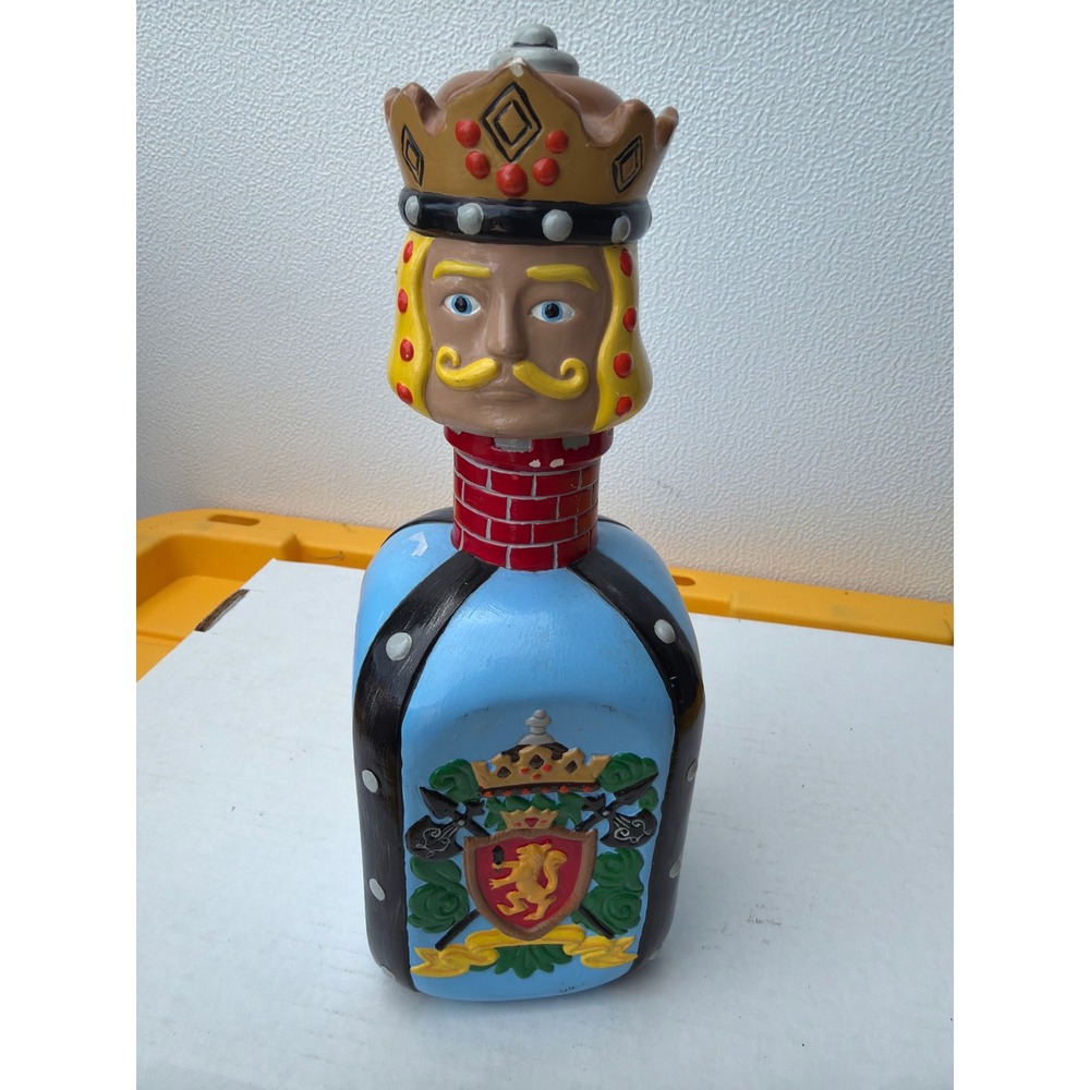 Vintage 1985 French Signed Ceramic King Decanter Medieval Heraldic Crest Blue